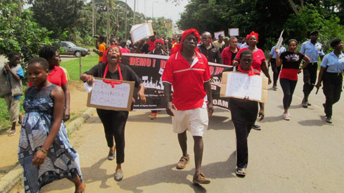 The demonstrators marching to the office of the Agona West Municipal Assembly
